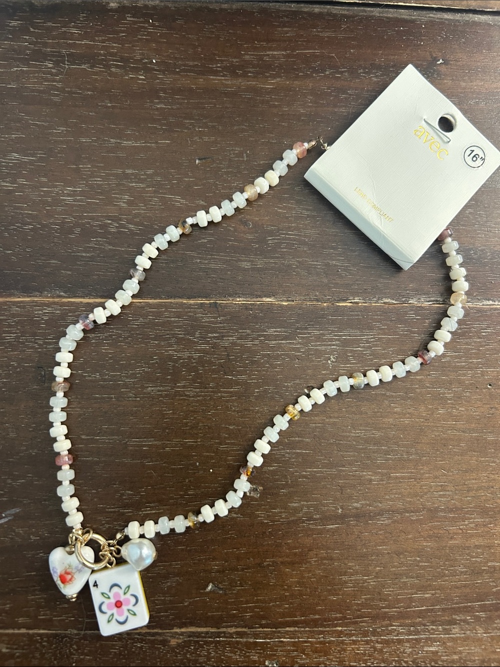Mahjong White Beaded Charm Necklace with flower tile, Porcelain  Heart & pearl